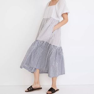 Madewell Women's Patchwork Gingham Button Front Tiered Midi Dress